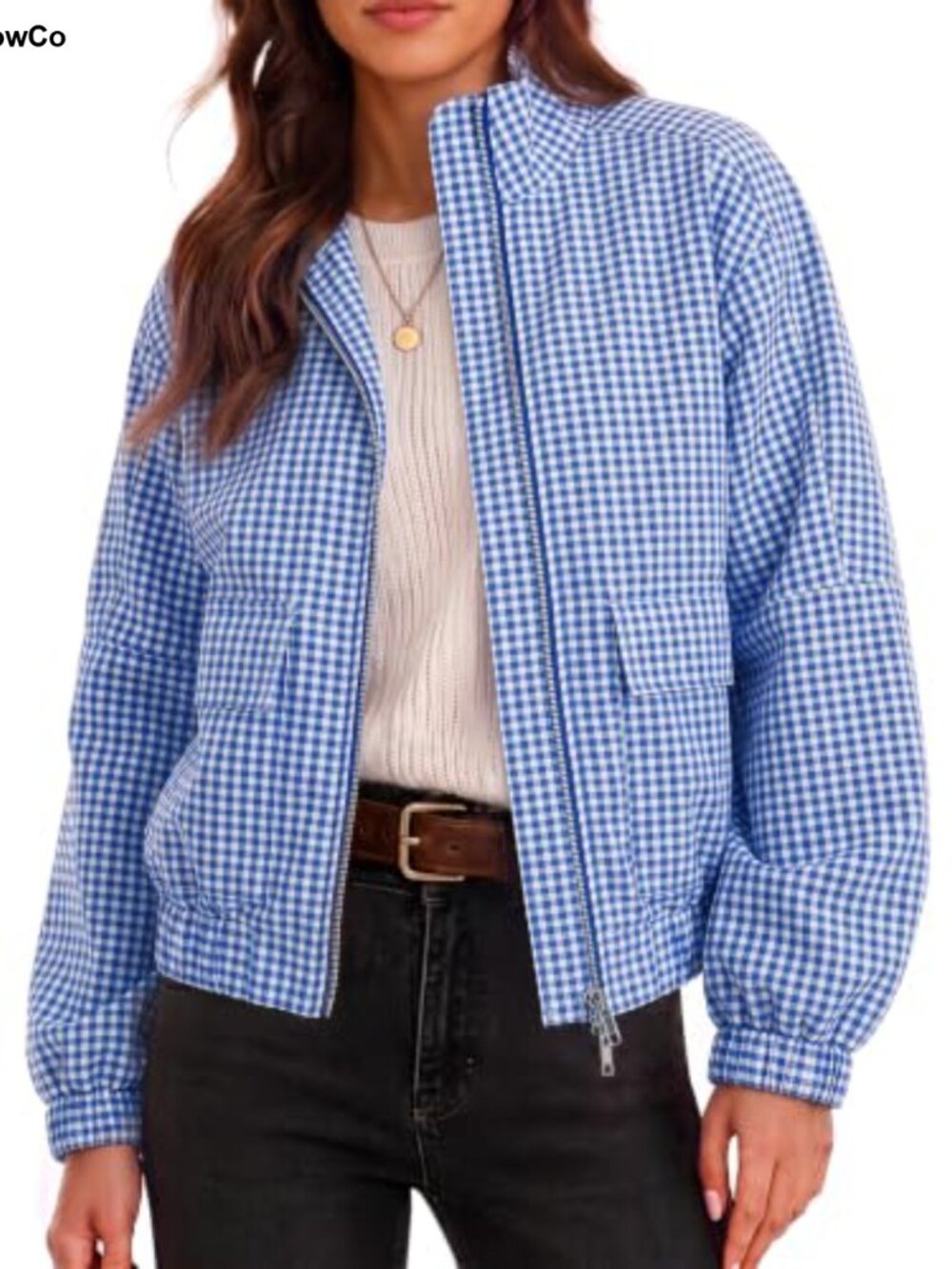 Womens Cropped Plaid Zip Up Jacket Lightweight Casual Coat with Pockets